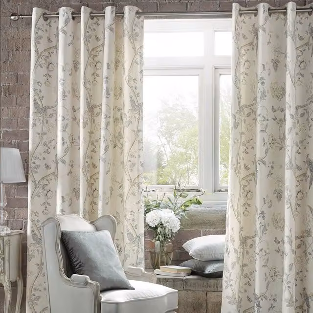 Laura Ashley Summer Palace Ready Made Eyelet Curtains in Dove Grey Floral Cotton