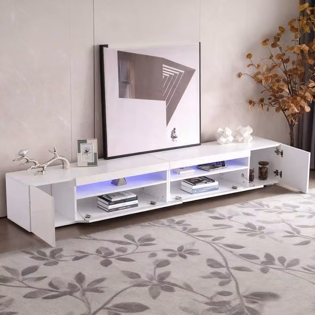 BTM Modern White Glossy TV Stand with Integrated LED Lighting, Bluetooth and USB