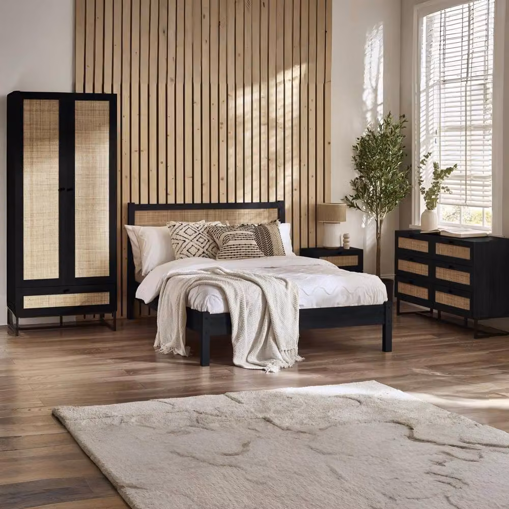 Cheshire Premium Trelawny Black Rattan Freestanding Wardrobe with Hinged Doors and Hanging Rod – 5