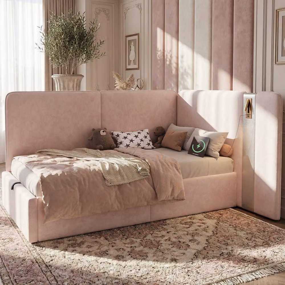 STILVORA Pink Velvet Upholstered Single Bed Frame with Lift-Up Storage, Integrated Reading Light and USB Charging Port, W/D/H: 90 x 190 x 87 cm – 2