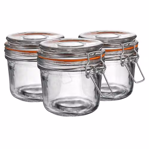 Argon Tableware Set of 3 Transparent Glass Storage Jars with Orange Silicone Seals and Stainless Steel Clip Lids, 350ml – 1