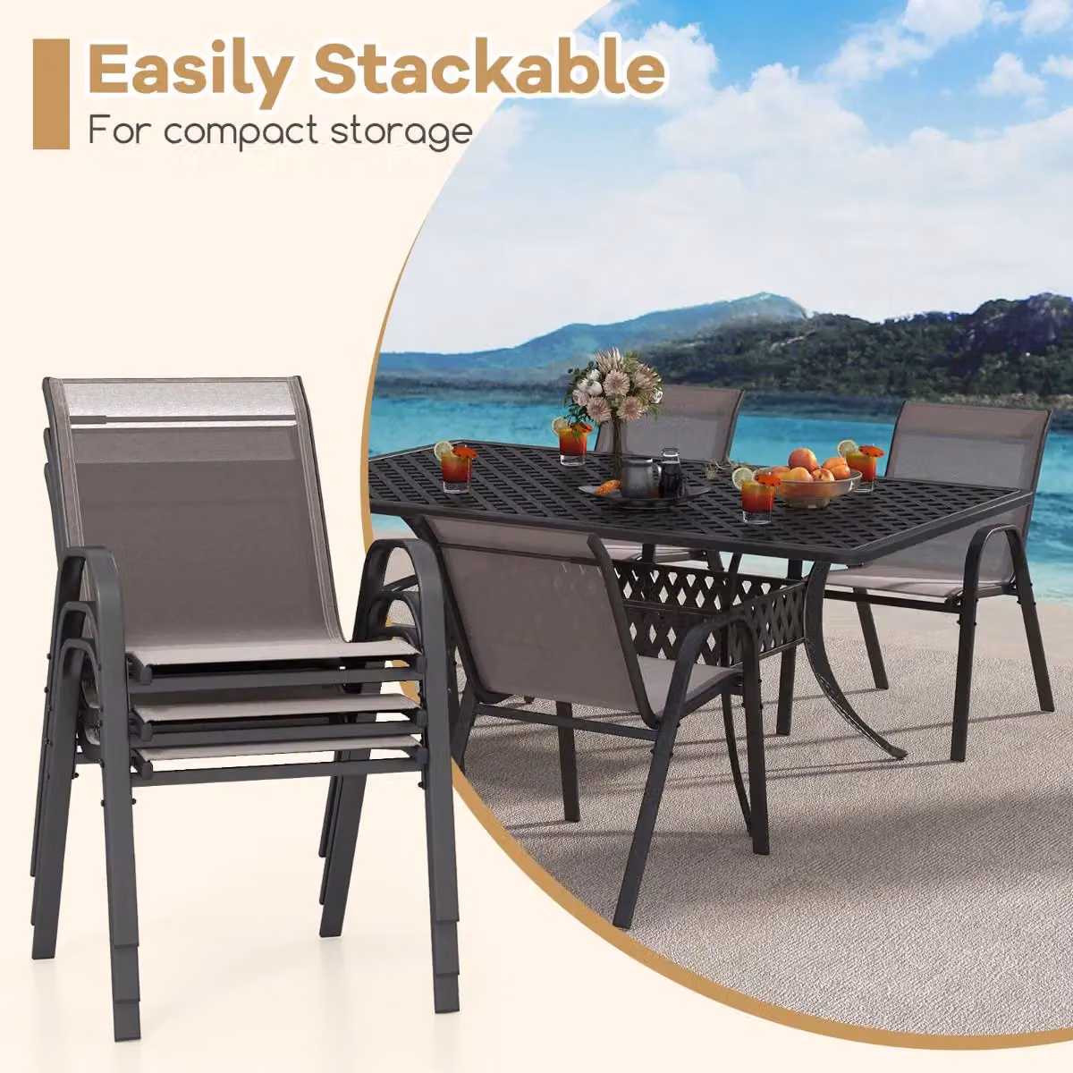 Gymax Set of 4 Stackable Metal Patio Dining Chairs with Armrests in Matt Grey – 4