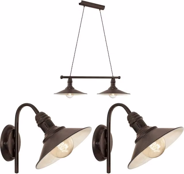 Loops Ceiling Pendant Light and 2x Matching Wall Lights in Beige and Wood with Antique Metal Shades