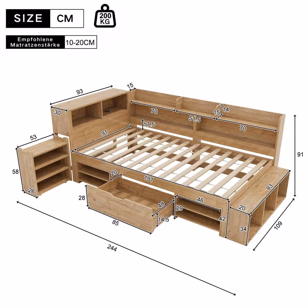 STILVORA Single 3ft Bed Frame with Side Compartment Storage in Natural Solid Wood, W: 90 cm, L: 190 cm – 2