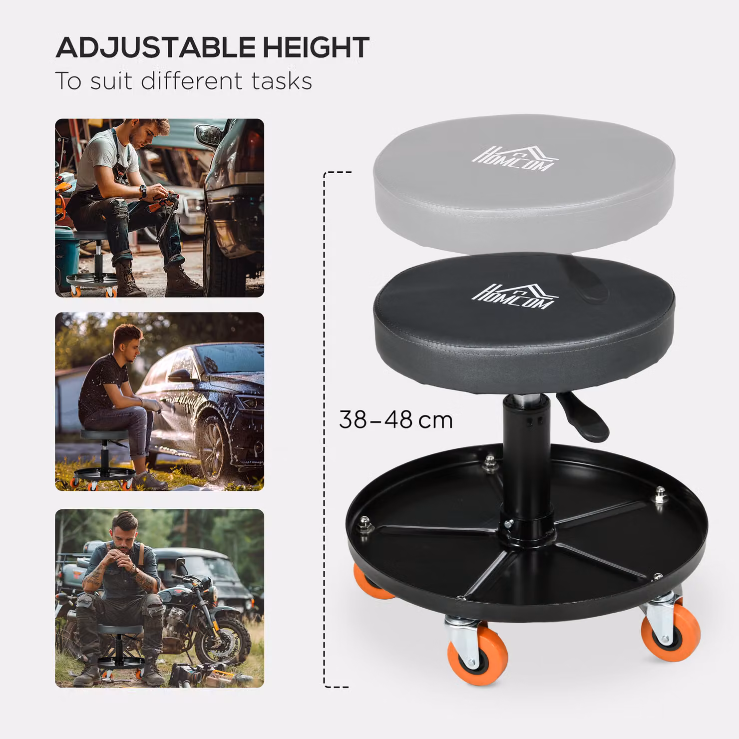 HOMCOM Workshop Stool with Pneumatic Adjustable Height, Rolling Mechanic Stool with 360 Degree Swivel Padded Black Synthetic Leather Seat and Tool Tray – 5