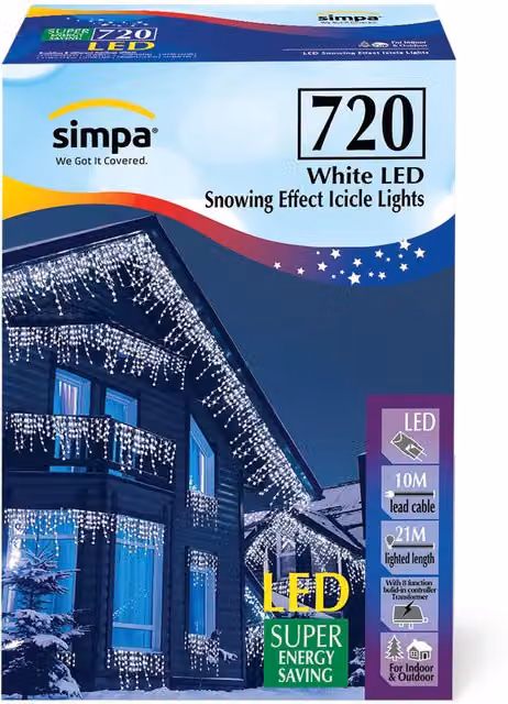 Simpa 720 LED Multi-Action Icicle Lights in White and Blue, 18m for Indoor and Outdoor Use