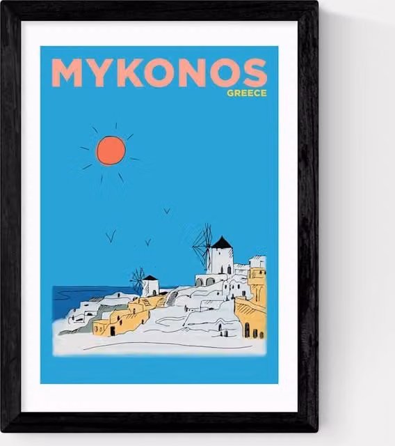 East End Prints Mykonos Greece Framed Landscape Photograph in Black and Blue