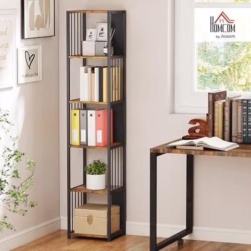 HOMCOM 5-Tier Modern Tall Bookshelf Display Unit in Rustic Brown and Black, W/D/H: 33.5 x 30 x 165 cm – 2