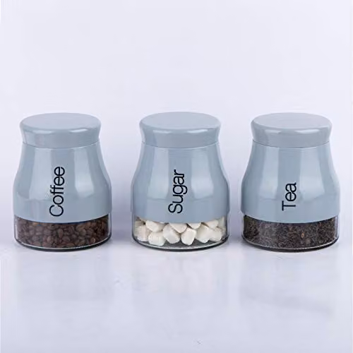 Gr8 Home Set of 3 Grey Glass Kitchen Storage Canisters for Tea, Coffee and Sugar – 1