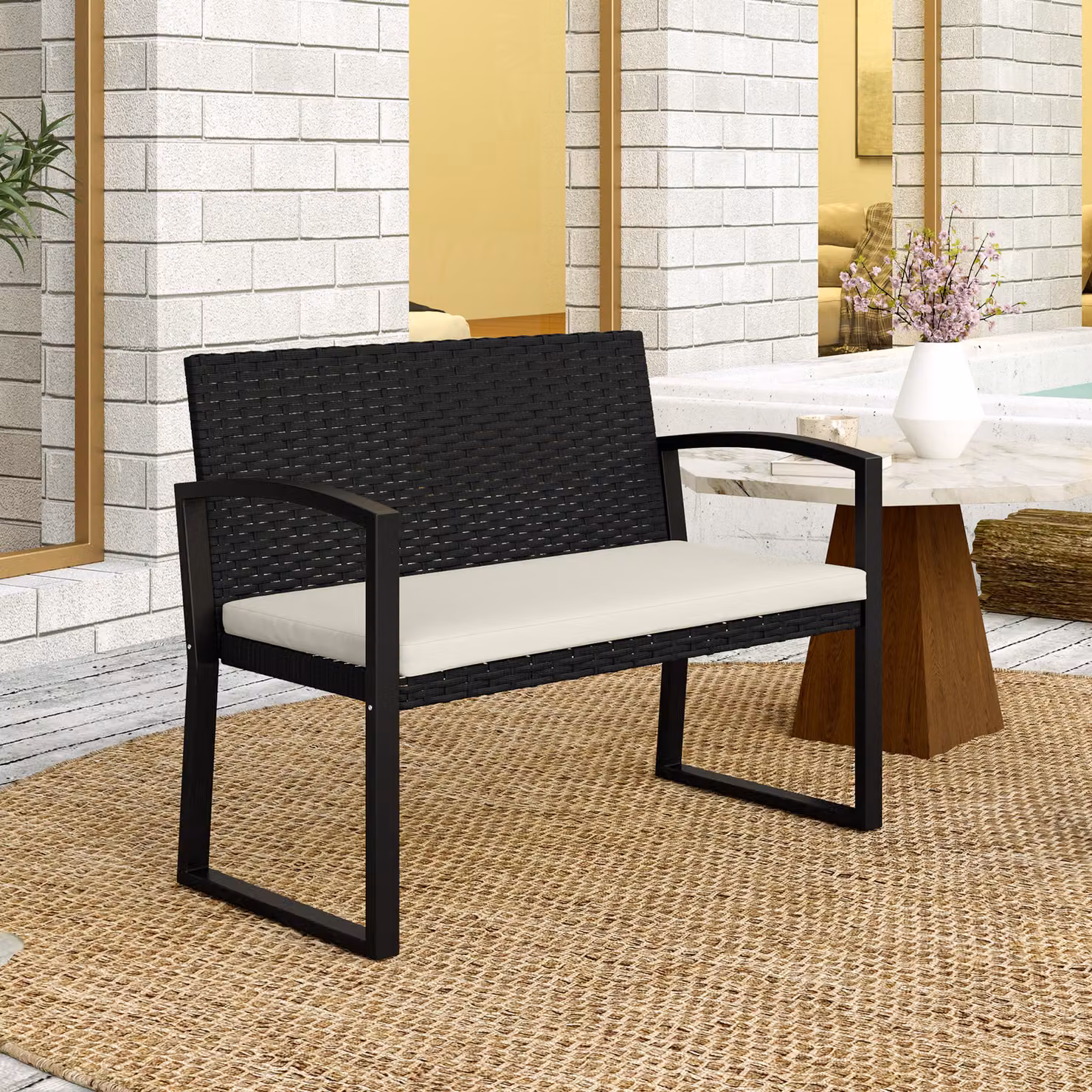 Outsunny Two-Seater Rattan Garden Bench in Beige and Black – 9