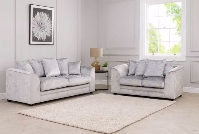 LUXURY LIFE Declan Crushed Velvet Fabric Sofa Set in Silver – 1