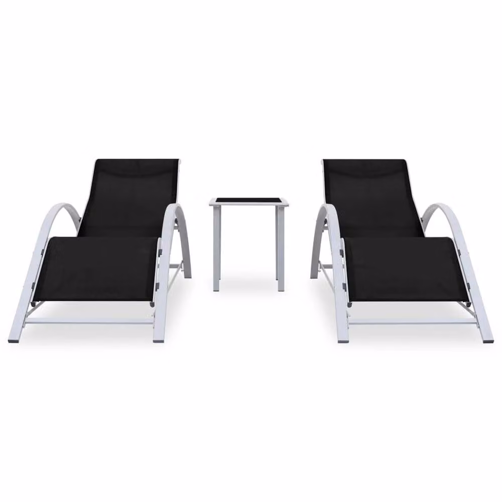 Berkfield Home 2-Piece Sun Lounger Set with Table in Matt Black Powder Coated Aluminium and Textilene Fabric – 2