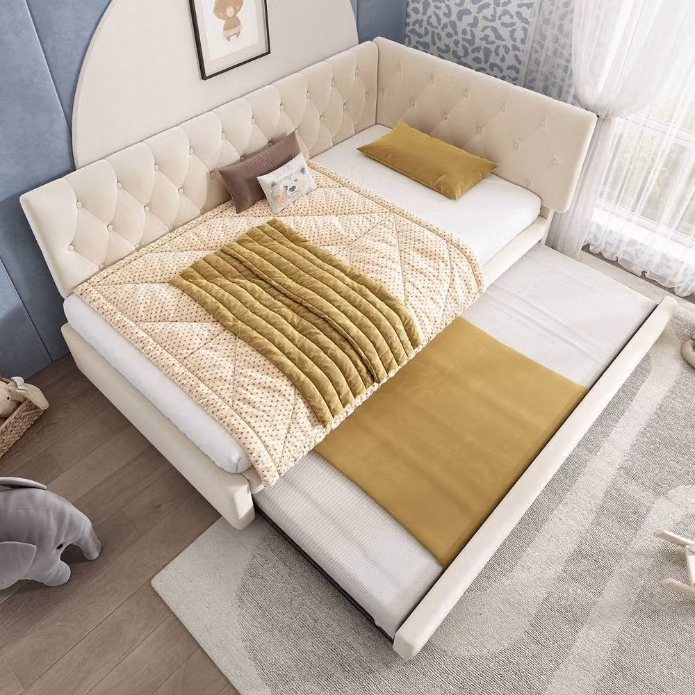 Matteo Modern Single Daybed Sofa Bed with Asymmetric Chaise in Beige Velvet, W/D/H: 90 x 190 cm – 3