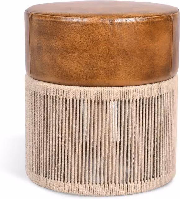 Elm Home And Garden Rustic Brown Genuine Leather Cylindrical Footstool Ottoman