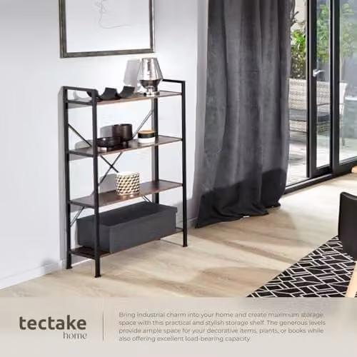 tectake 4-Tier Shelving Unit with Adjustable Wood-Look Shelves and Steel Frame in Dark Wood and Black, W/D/H: 121.5 x 15.0 x 67.5 cm – 4