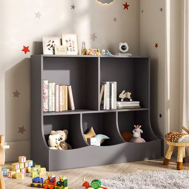 Livingandhome 2-Tier Open Style Toy Storage Organizer with Bookcase in Grey