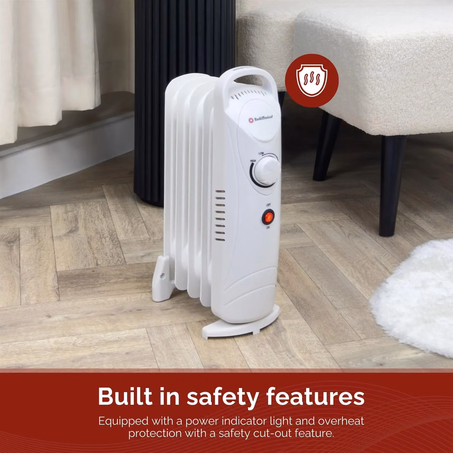 Rediffusion 650W Oil Filled Radiator in White with Adjustable Thermostat and Overheat Protection, W/D/H: 38.5 x 23 x 14 cm – 3