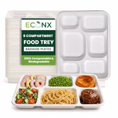 ECONX White 6 Compartment Bagasse Disposable Food Plates, 200 Pack – 1