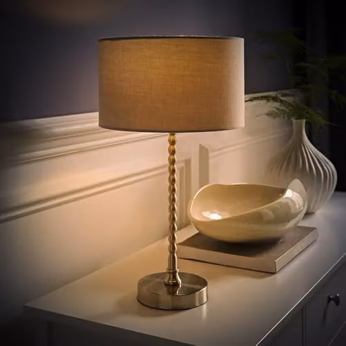 ValueLights Maeve Grey Fabric Drum Table Lamp with Brushed Chrome Bobbin Detail and LED Bulb – 3