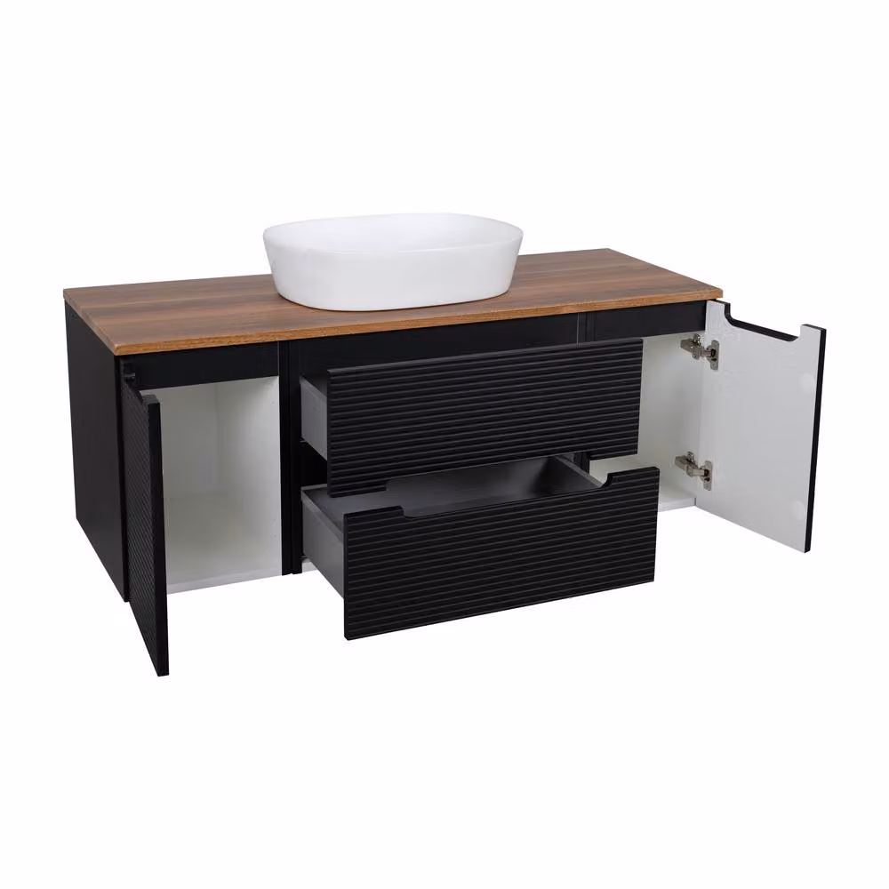 Bathroom Kingdom Monza Wall Hung Fluted Vanity Basin with Drawers, Black and Walnut – 2