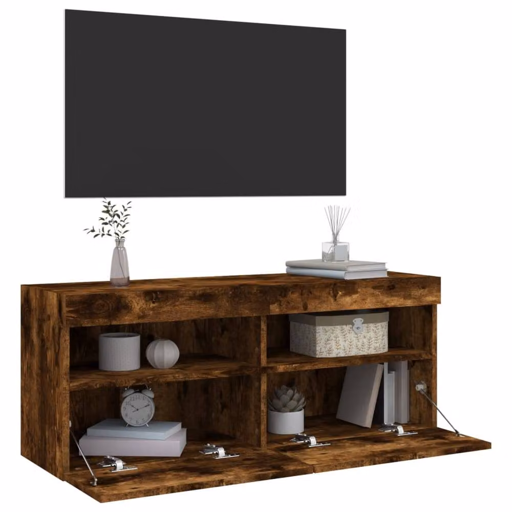 Berkfield Home TV Wall Cabinet with LED Lights in Smoked Oak Brown, W: 100 cm, D: 30 cm, H: 40 cm – 5