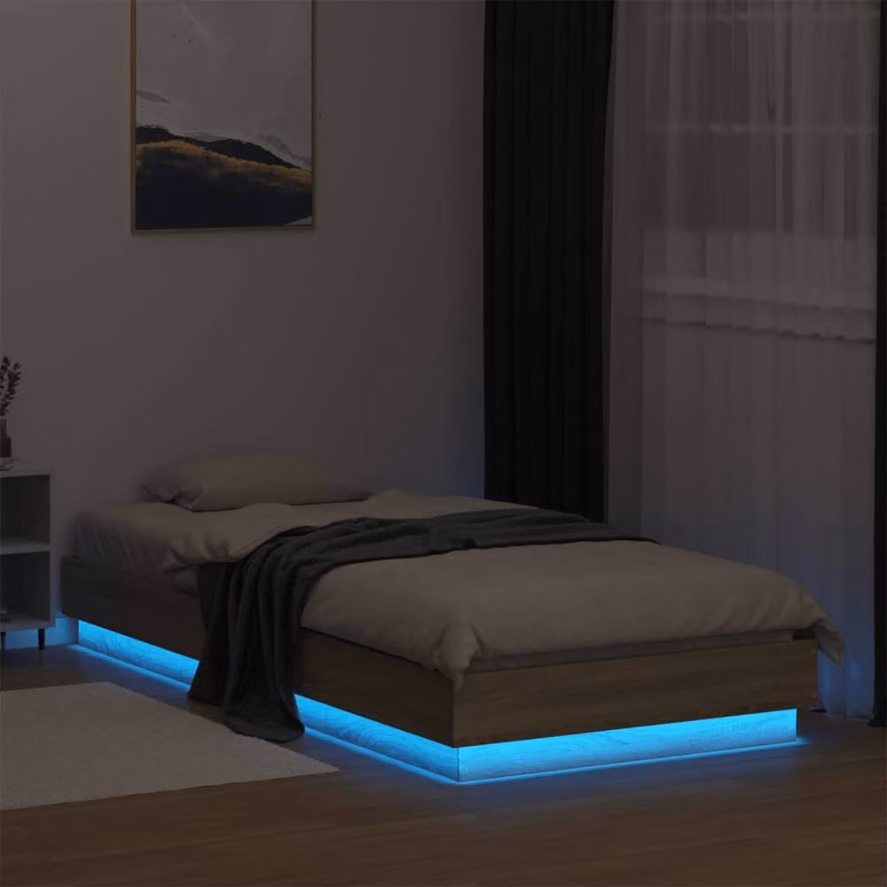 Berkfield Home Durable Bed Frame with LED Under-Bed Lighting in Sonoma Oak and Light Tan, W/D/H: 90 x 200 cm – 3