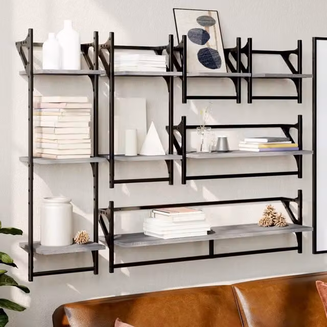 Berkfield Home 6 Piece Grey Sonoma Industrial Wall Mounted Shelf Set with Hanging Rods and Open Back Design – 1