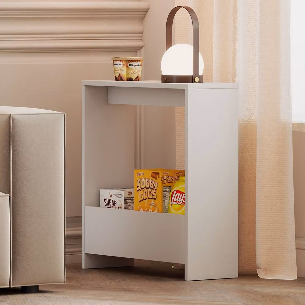 Levede White Slim Side Table with Magazine Storage Shelf – 2