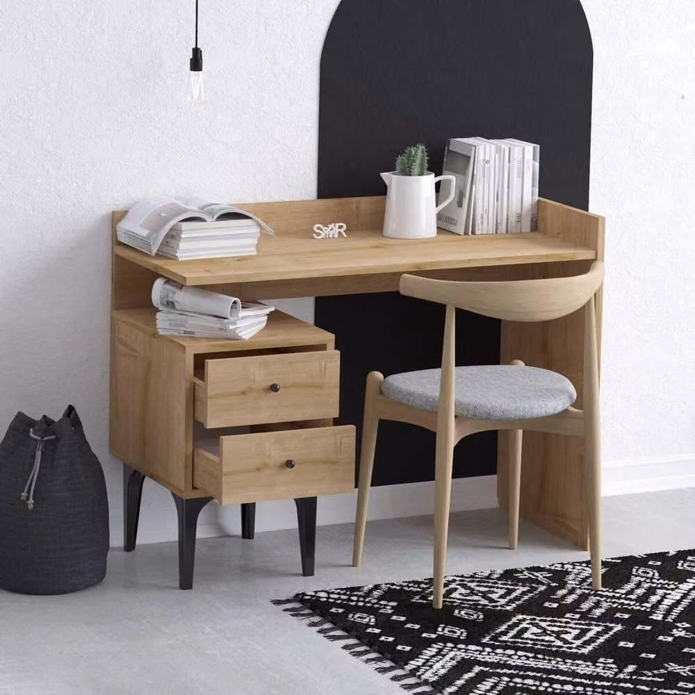 CALICOSY Writing Desk with Dual Pedestal Storage, Oak Wood Finish, Brown, W: 100 cm, D: 45 cm, H: 80 cm – 4