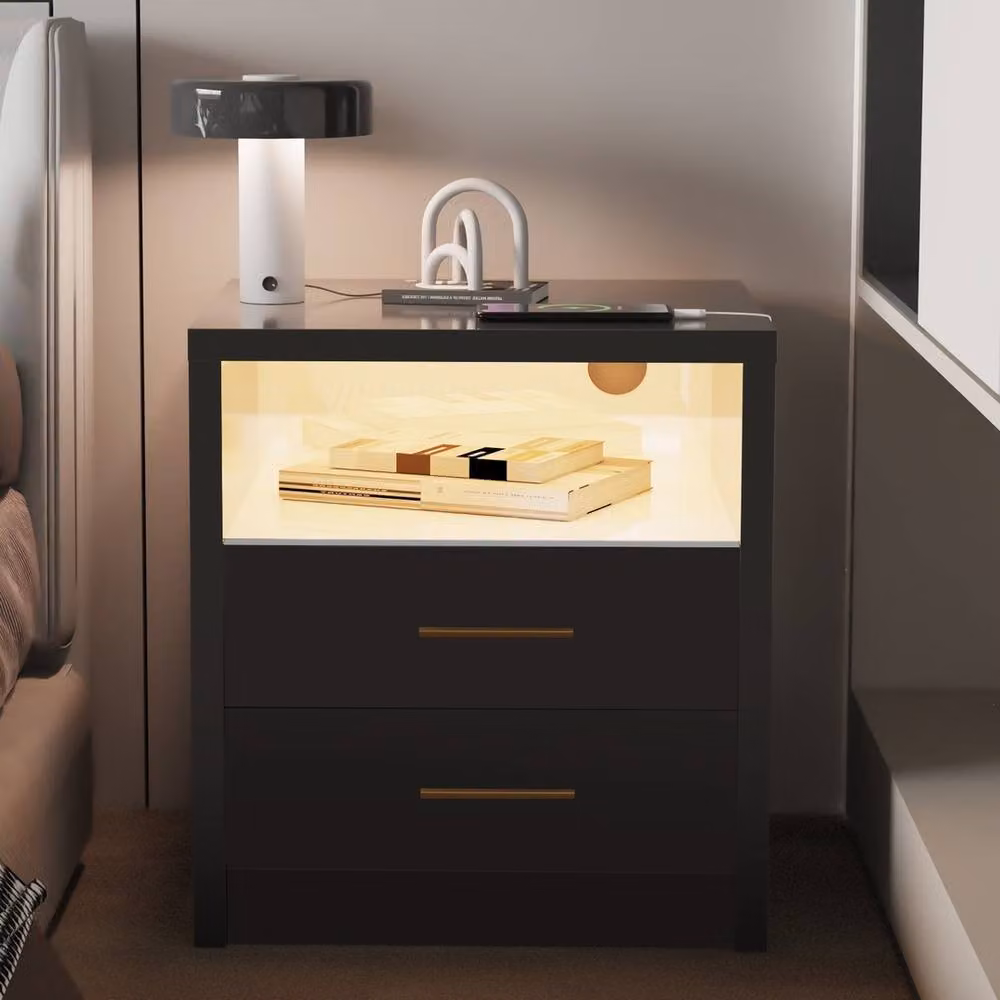 VOGREX Black Matt Bedside Cupboard Side Table with Integrated LED Lighting – 3