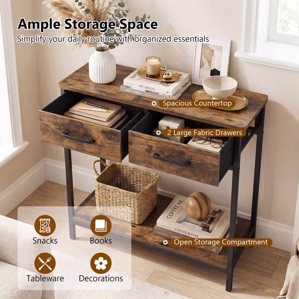 Gymax Brown Industrial Console Table with 2 Fabric Drawers – 9