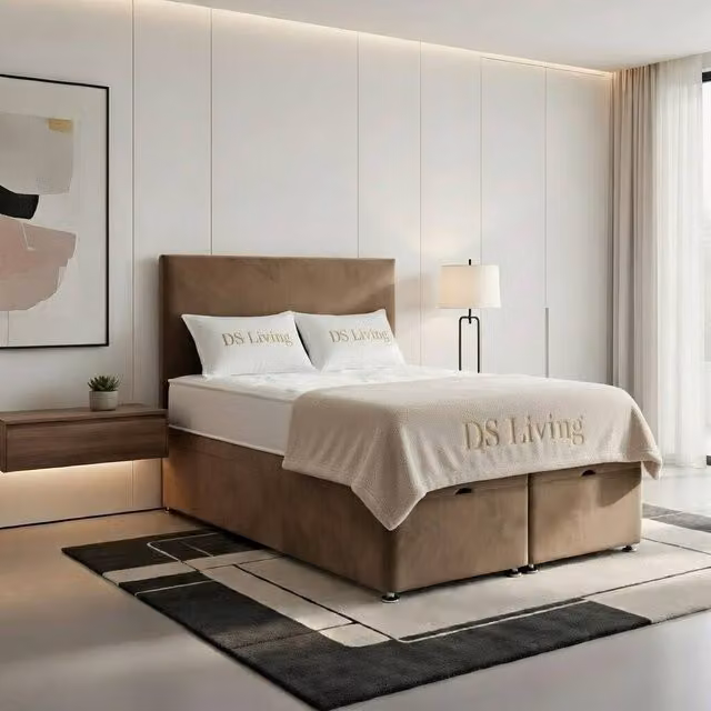 DS Living Prima Brown Velvet Upholstered Divan Bed, W: 140 cm, L: 200 cm