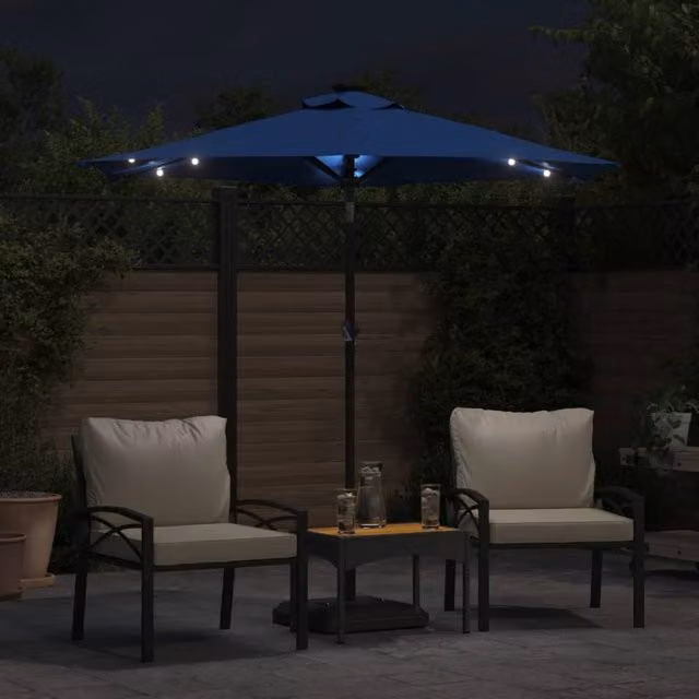 Berkfield Home Garden Parasol with LEDs and Steel Pole, Blue, W/D/H: 225 x 225 x 212 cm