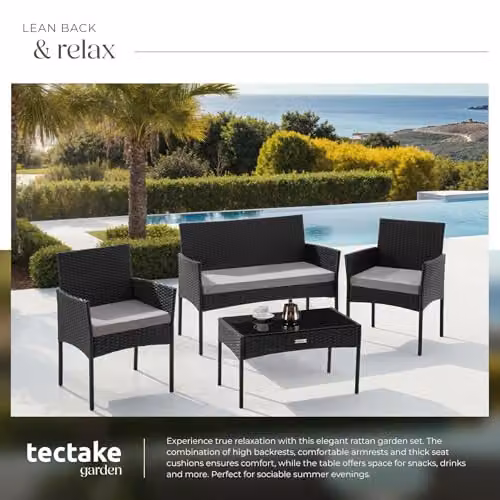 tectake 4-Seater Rattan Garden Furniture Set in Black and Grey with Upholstered Cushions, 2-Seater Sofa, Lounge Armchairs and Coffee Table with Powder Coated Steel Frame – 4