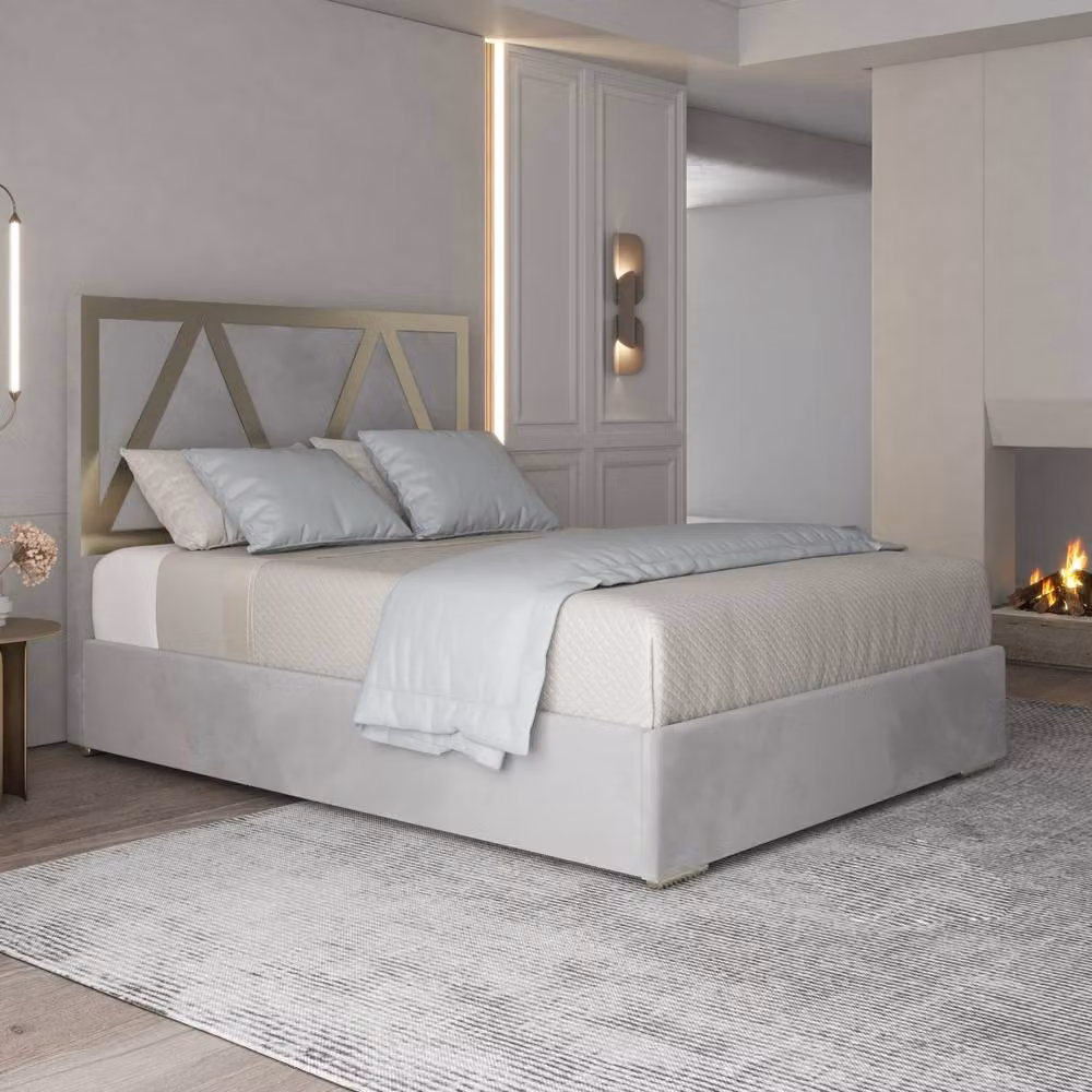 Casani Claverdon Upholstered Velvet Designer Bed Frame in Grey with Metal Details, W/D/H: 140 x 200 cm – 2