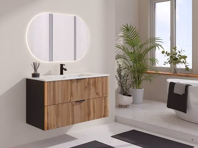 Madela Suspended Bathroom Cabinet with Ceramic Inset Basin in Black and White – 1