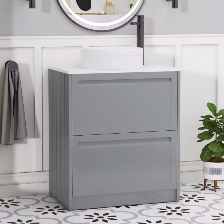 Royal Bathrooms Elmore 700mm Floor Standing Vanity Unit in Matt Pebble Grey with 2 Drawers, Plain White Worktop and Round Basin