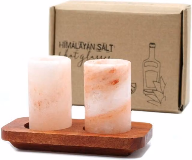 KDMD Set of 2 Peach Himalayan Salt Shot Glasses with Wooden Serving Stand