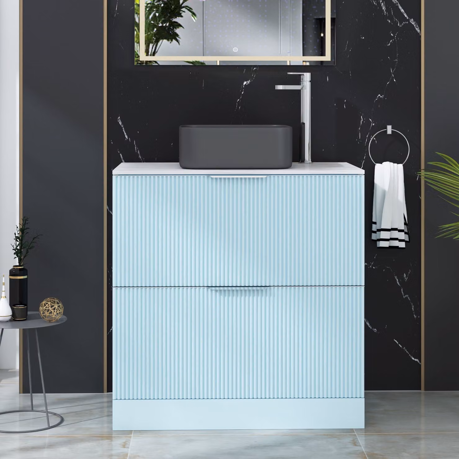 Royal Bathrooms Evora 800mm Powder Blue Fluted Floor Standing Countertop Vanity Unit with 2 Drawers and Art Square Basin