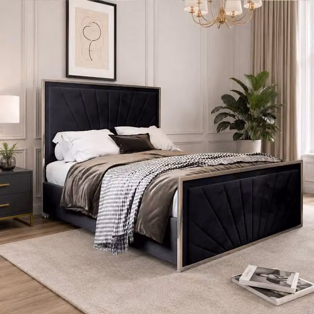 Casani Somerford Upholstered Velvet Designer Bed Frame in Black with Metal Accents, W/D/H: 120 x 200 x 137 cm