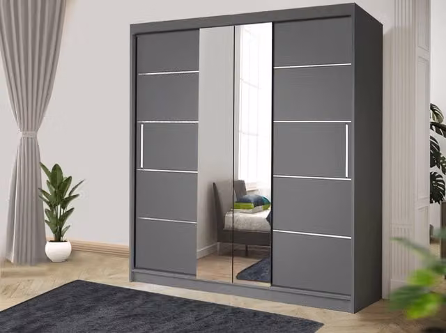 RAC3 Oslo Modern Sliding Bedroom Wardrobe with Mirror and Drawers in White and Grey, W: 150 cm