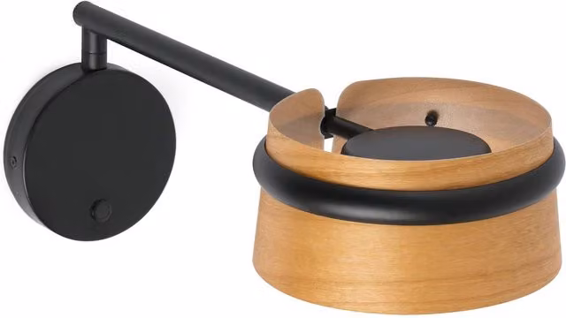 Faro Loop LED Indoor Wall Lamp in Black and Wood, Dimmable and Adjustable, 50 cm