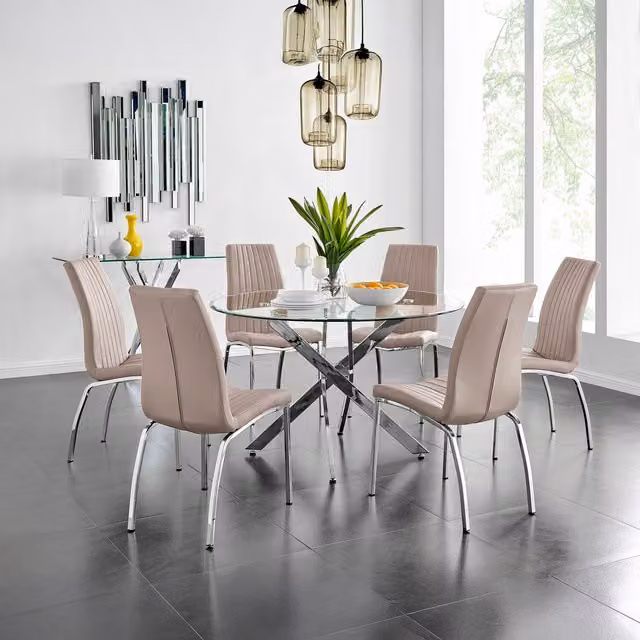 FurnitureboxUK Novara Round Glass Dining Table and 6 Isco Chairs Set in Cappuccino with Chrome Metal Frame, Diameter: 120 cm