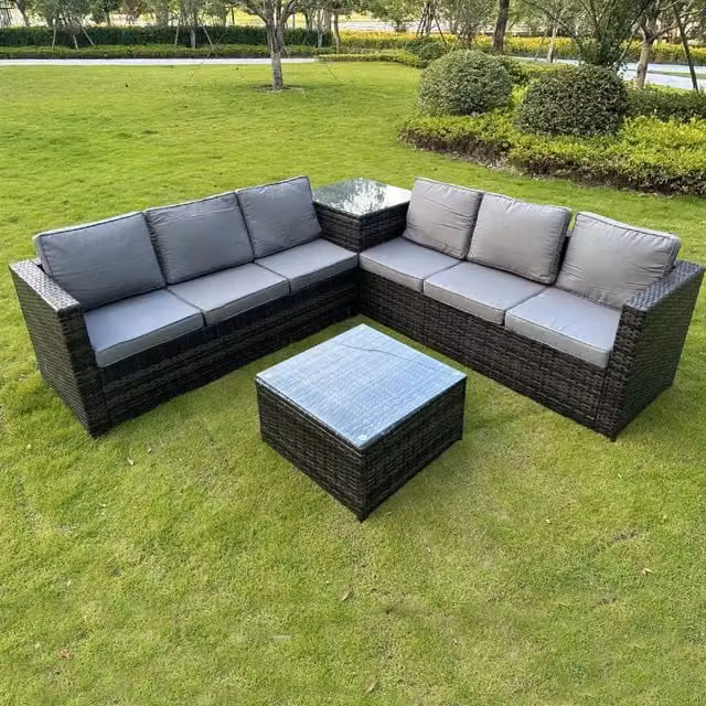 Furniture One 4 Piece Grey Polyrattan L-Shape Garden Furniture Set with Upholstered Cushions and Glass Coffee Table