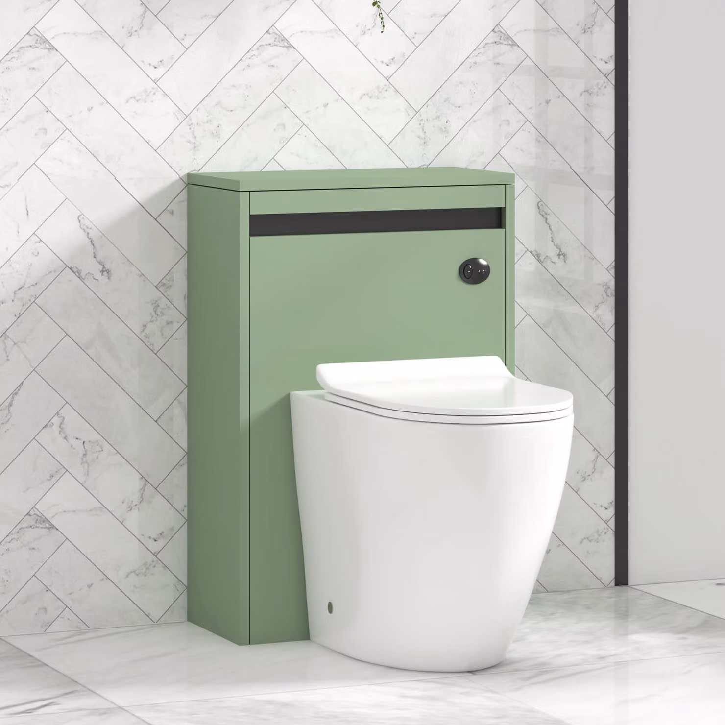 Royal Bathrooms Orion 540mm Mint Sage WC Unit with Elva Rimless Short Projection Toilet Pan, Slim Seat and Cistern with Black Accent Trim