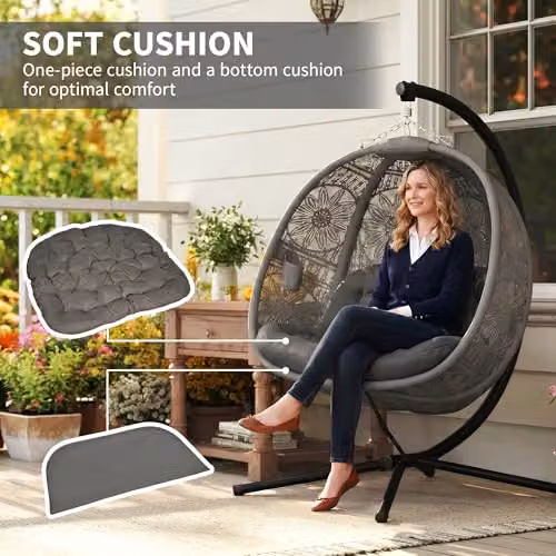 Outsunny Egg Hanging Swing Chair with Metal Stand and Side Pocket in Grey – 3