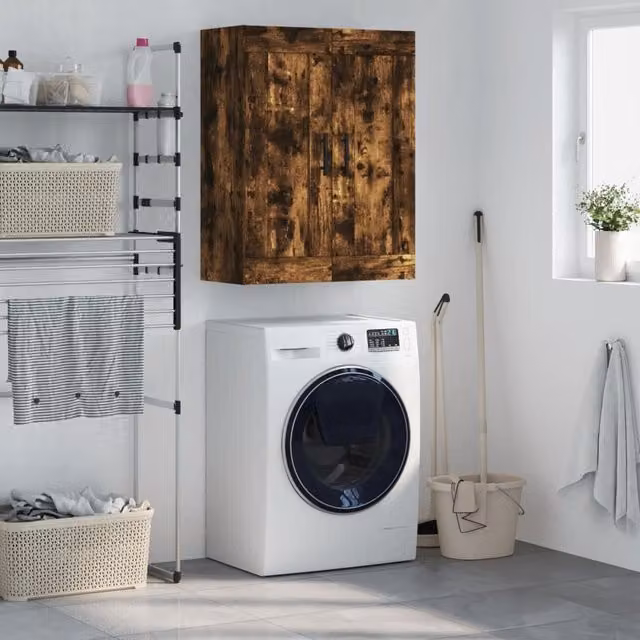 Berkfield Home Wall Mounted Smoked Oak Cabinet in Brown, W/D/H: 69.5 x 34 x 90 cm
