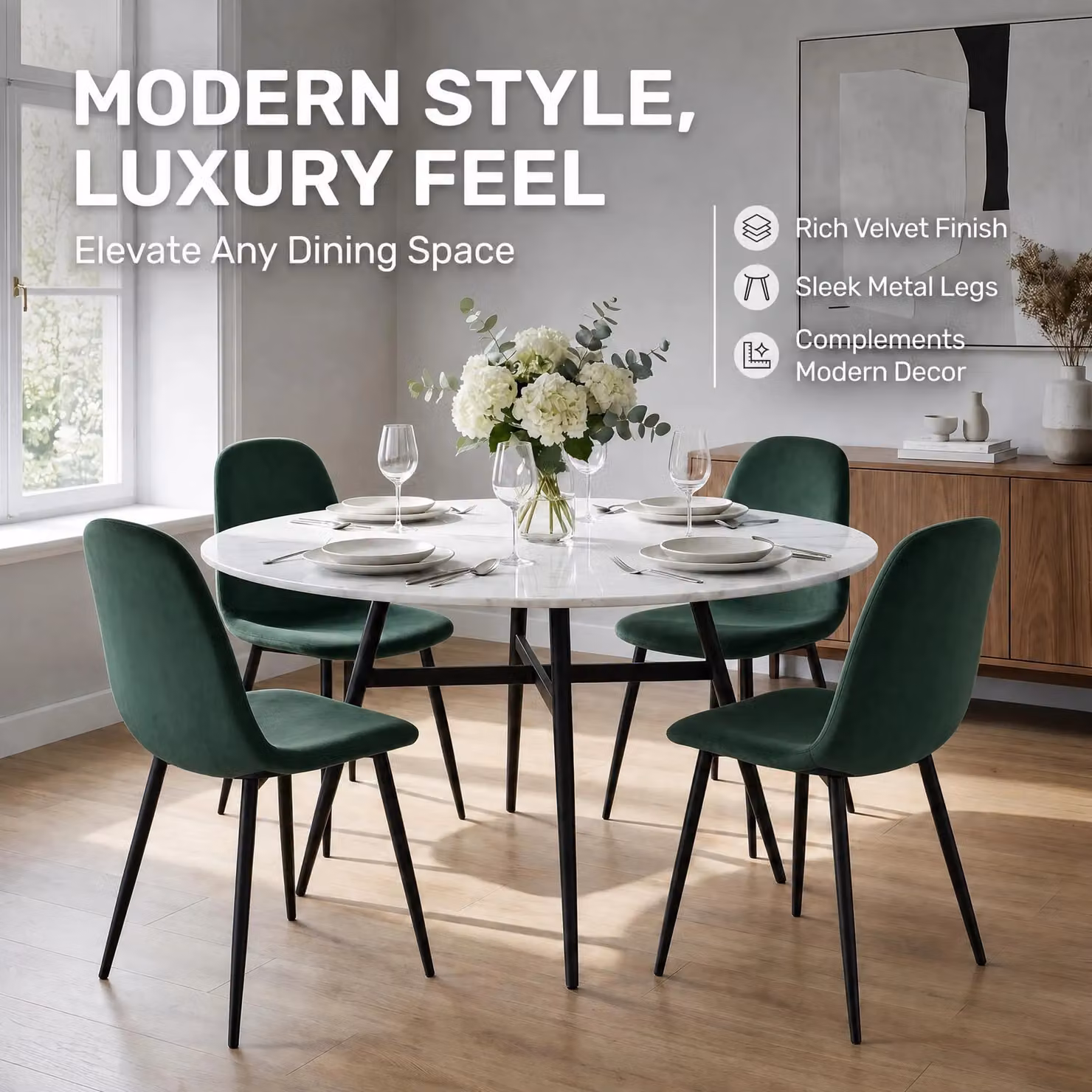 Bravich LTD Ron Velvet Dining Chairs in Green, Pack of 4 – 5