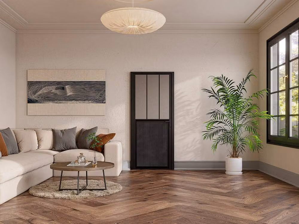 Vente-unique H204 Reversible Studio-Style Aluminium and Tempered Glass Door Unit in Black, H: 204 cm, W: 93 cm – 2