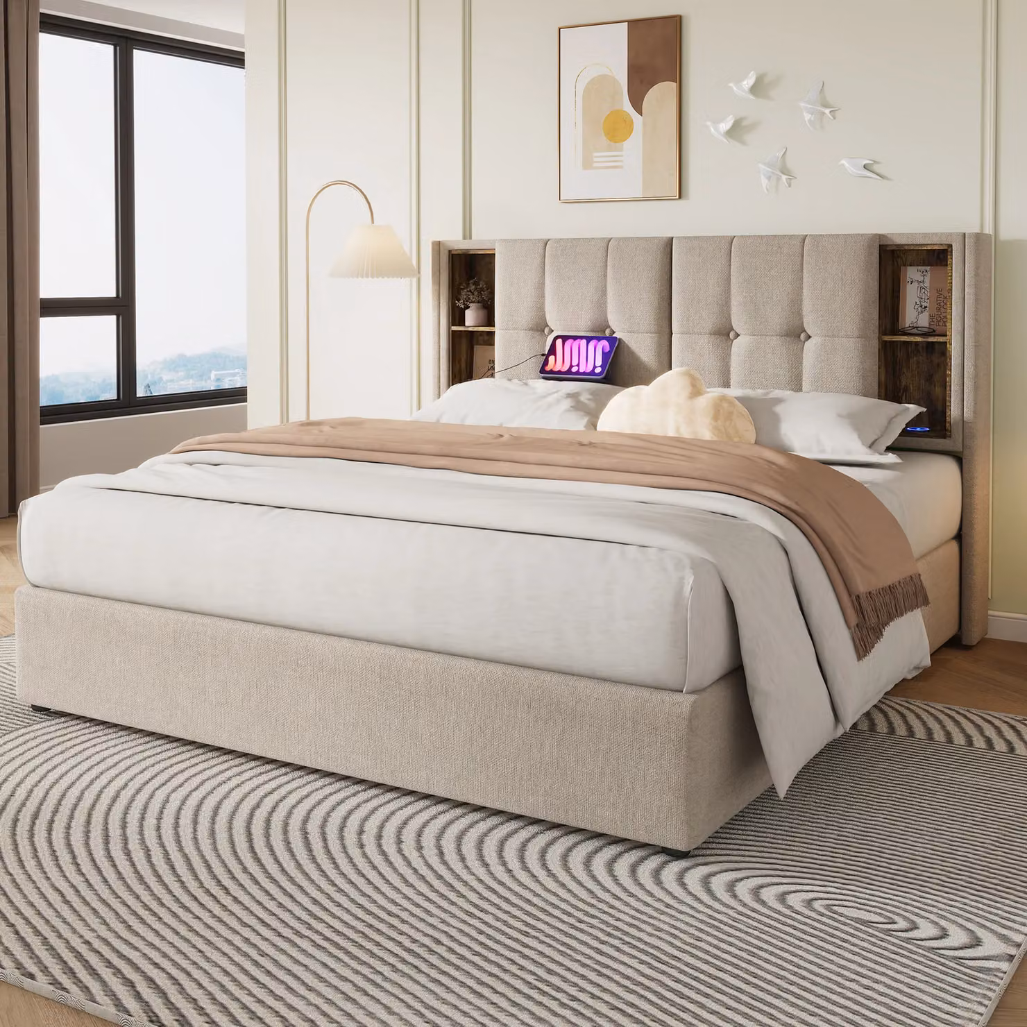 BTM Upholstered Hydraulic Storage Bed Frame with Wireless Charging and USB Port in Sand, Super King Size (W/D/H: 200 x 181 x 100.5 cm) – 2